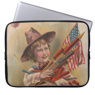 Pojke med fyrverkerier, amerikansk flagga, patriot laptop fodral