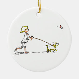 Pojke med hunden julgransprydnad keramik