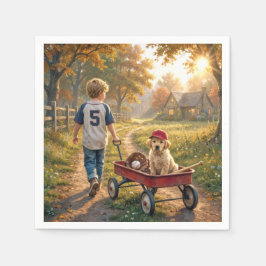 Pojke med röd kärra och golden retriever-valp pappersservett