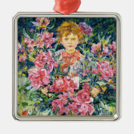 Pojke med röda pionblommor (av Robert Reid) Julgransprydnad Metall