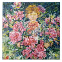 Pojke med röda pionblommor (av Robert Reid)