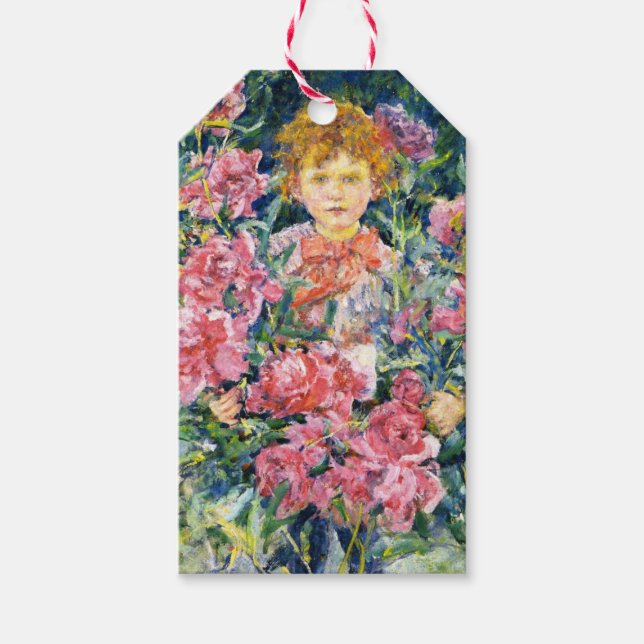 Pojke med röda pionblommor (av Robert Reid) Presentetikett (Framsidan)