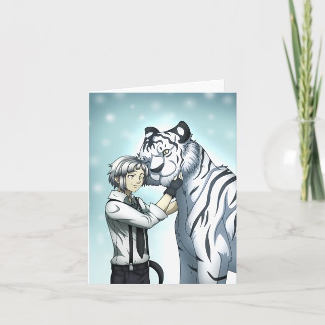 Pojke med vit tiger tack kort (Framsida)