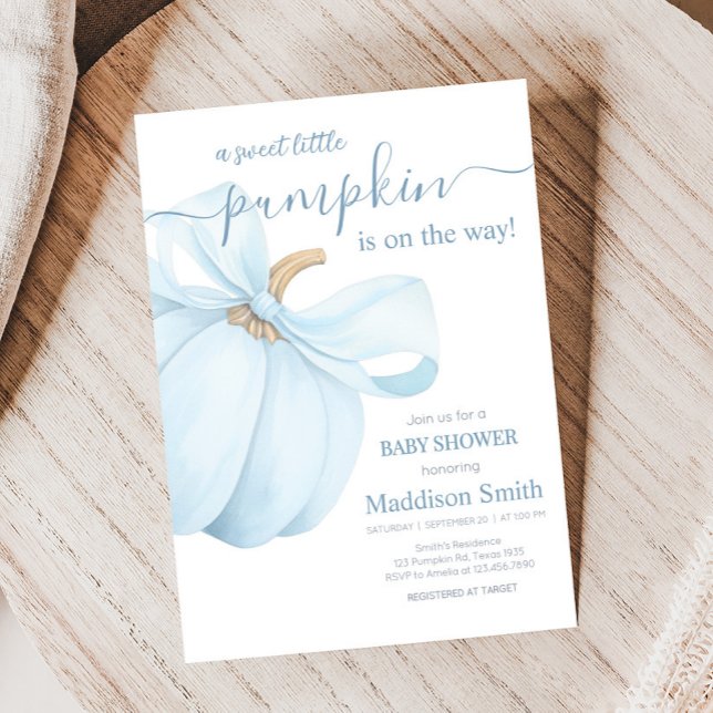 Pojke Minimalistisk Liten Pumpa Bebis Shower Inbjudningar (Blue Bow Pumpkin Baby Shower Invitation)