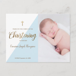 Pojke Modern Blue Photo Christening Tack Vykort