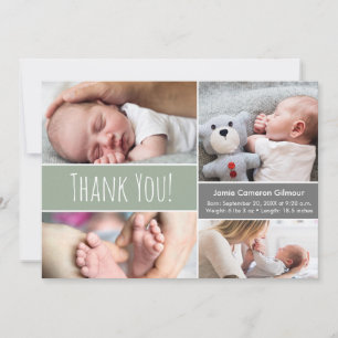 Pojke Modern Grönt Photo Collage and Birth info Tack Kort