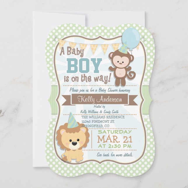Pojke Monkey & Lejon, Pastel Baby Shower Inbjudan (Framsida)