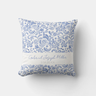 Pojke NAMN BIRTHDATE Blue Watercolor Keepsak Kudde