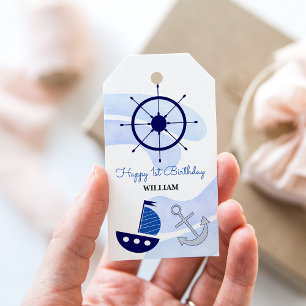 Pojke Nautical Watercolor Navy Blue Presentetikett