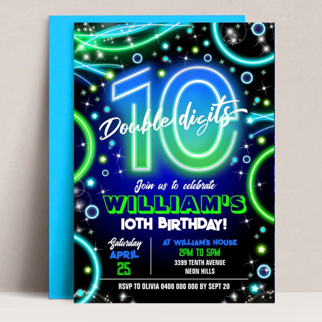 Pojke Neon 10:e födelsedagsinbjudans Dubbla Siffro Inbjudningar (Neon 10th Birthday Invitation. Boy Double Digits invitation. Blue Green Neon 10th Birthday Party)