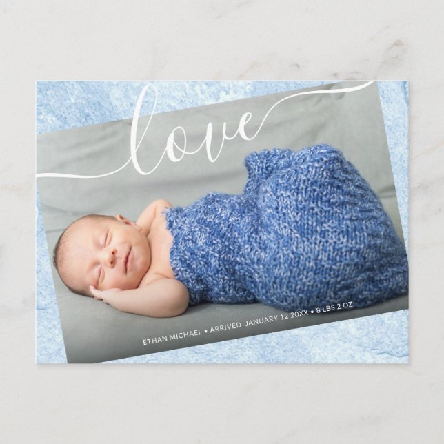 pojke Newborn Photo Birth Announcement Blue Pos Vykort (Framsida)