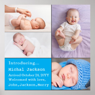 Pojke Newborn Photo Birth Announcement Blue Poster