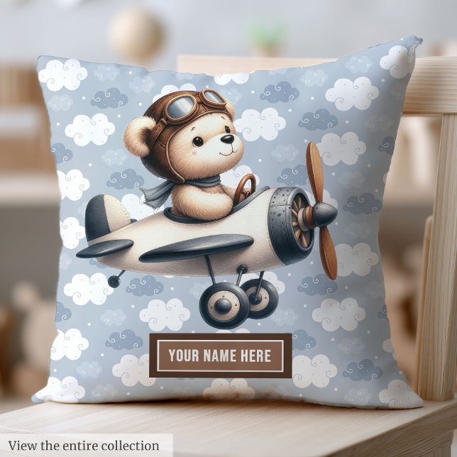Pojke Nursery Blue Brown Nalle Pillow Kudde (Baby Boy Nursery Blue Brown Teddy Bear Pillow)