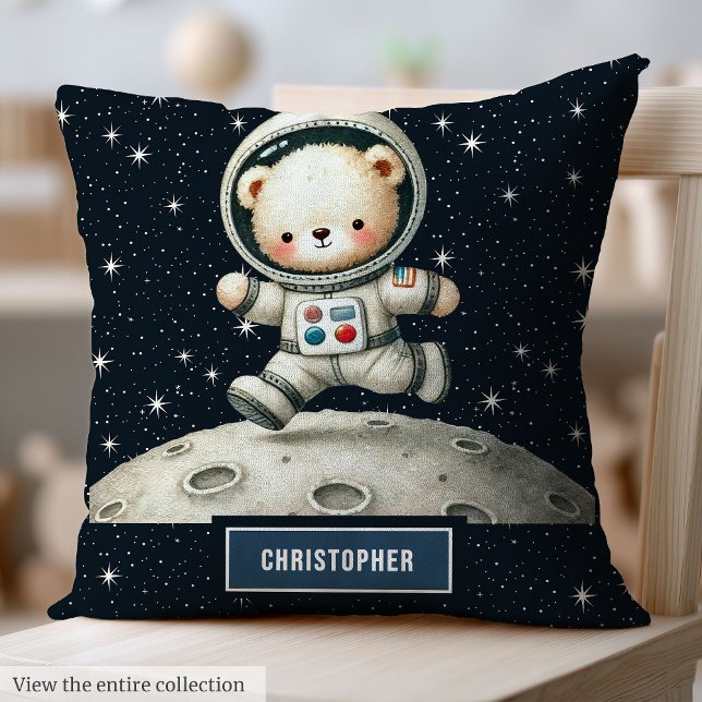 Pojke Nursery Pillow med Astronaut Nalle Kudde (Baby Boy Nursery Pillow with Astronaut Teddy Bear Art)