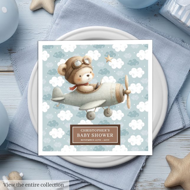 Pojke Nursery Thated Nalle Pilot Napkins Pappersservett (Baby Boy Nursery Themed Teddy Bear Pilot Napkins)