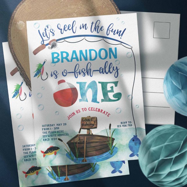 Pojke, O-fisk-ally, Fisketema Första Vykort (Gone fishing themed, o fish ally, boy 1st birthday invites. Little Fisherman birthday invitations.)