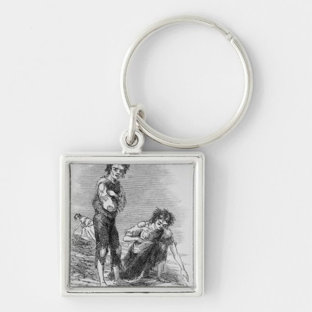 Pojke och flicka på Cahera Fyrkantig Silverfärgad Nyckelring (Framsidan)