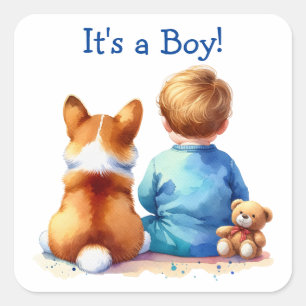 Pojke och hans Corgi Puppy Baby Shower Fyrkantigt Klistermärke