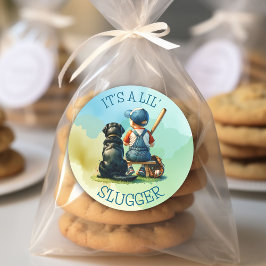 Pojke och Hund | Lil Slugger | Baby Shower Runt Klistermärke