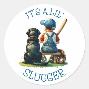 Pojke och Hund   Lil Slugger   Baby Shower Runt Klistermärke