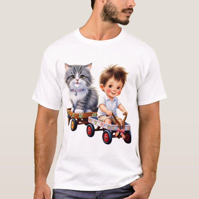 Pojke och katt ovanpå bilen t-shirt (Framsida)