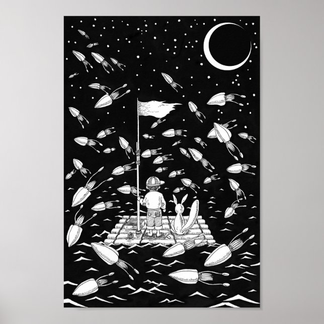 Pojke och räv driver på en flotte. poster (Framsidan)