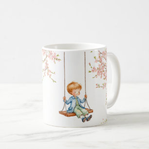 Pojke på gunga Körsbärsblom Kaffemugg