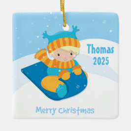 Pojke på sleden, jul julgransprydnad keramik