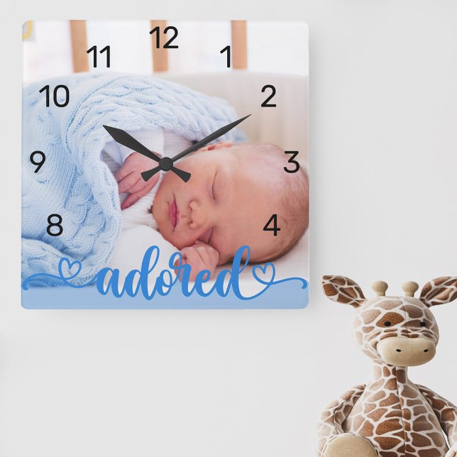 Pojke Photo Blue Adored Calligraphy Nursery Fyrkantig Klocka (New baby photo clock for the nursery lettered with "adored" and decorated with love hearts)