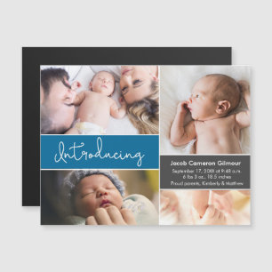 Pojke Photo Blue Birth Notice Magnetisk Inbjudningskort