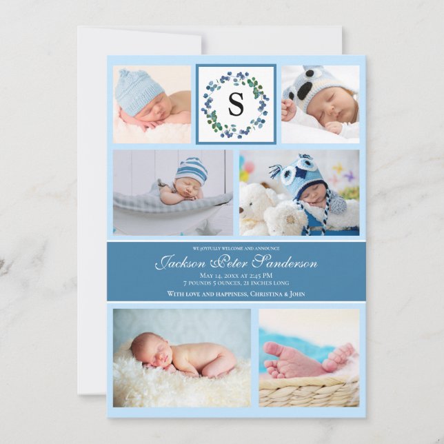 Pojke Photo Collage Birth Announcement Monogram Meddelande (Framsida)