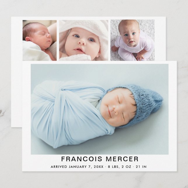 Pojke Photo Collage Birth Meddelande (Fram/baksida)