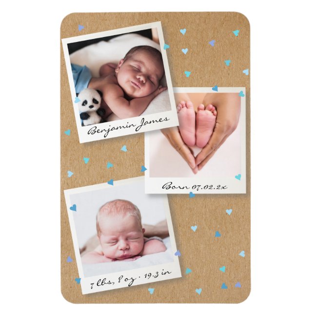 Pojke Photo Collage Birth Stats Notice Magnet (Vertikal)