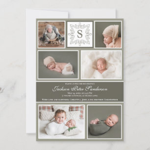 Pojke Photo Collage Oliv grönt Monogram Birth Meddelande