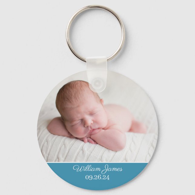 Pojke Photo Elegant Blue Birth Notice Nyckelring (Framsida)