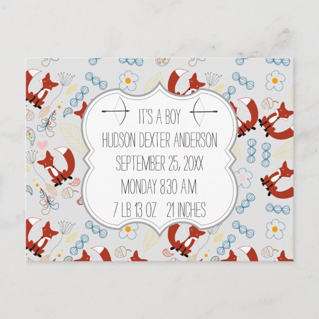 Pojke Photo Fox Woodland Birth Record Stats Vykort (Framsida)