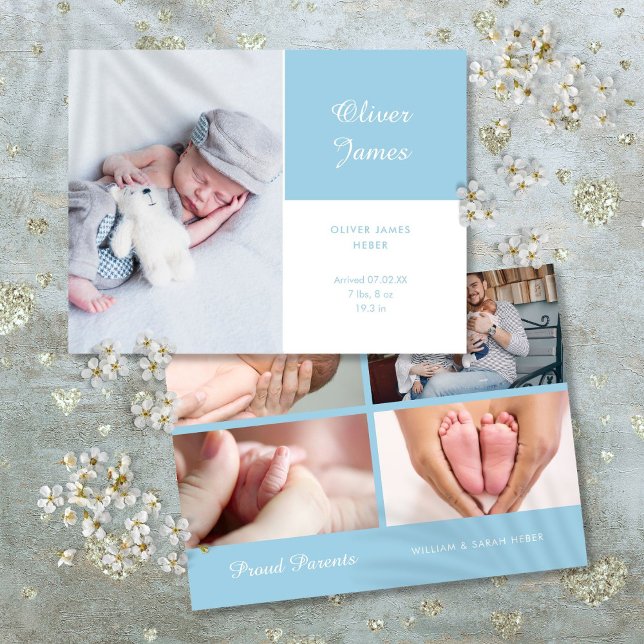 Pojke Photo Modern Elegant Script Blue Birth Meddelande Vykort (Baby Boy Photo Modern Elegant Script Blue Birth Announcement Postcard)