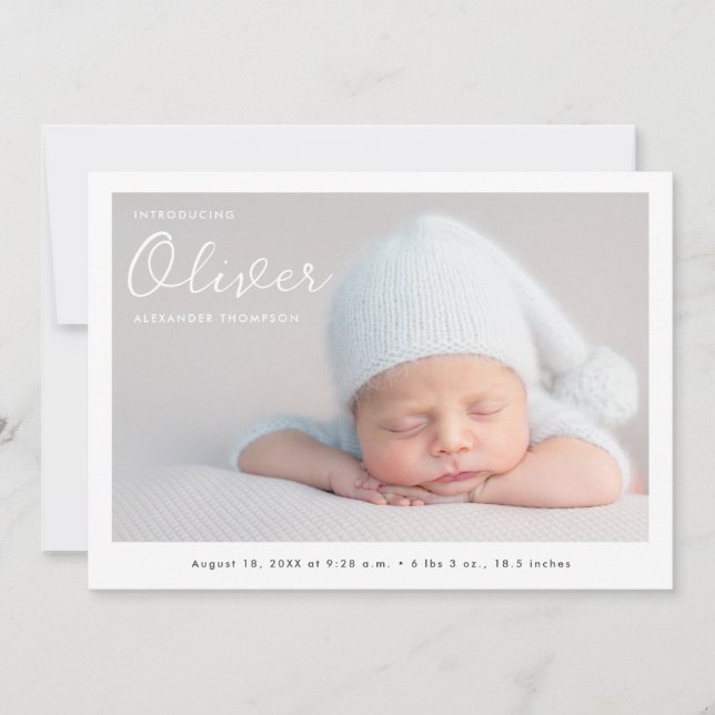 Pojke Photo Modern Namn Script Birth Meddelande (Framsida)