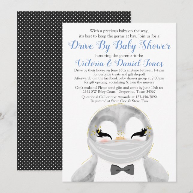 Pojke Pingvin med Mask Drive By Baby Shower Inbjudningar (Fram/baksida)