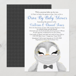 Pojke Pingvin med Mask Drive By Baby Shower Inbjudningar