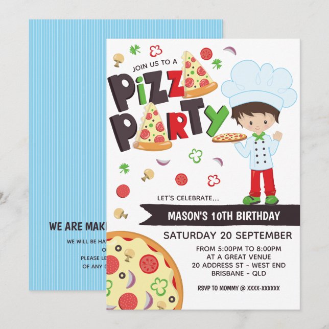 Pojke Pizza Party födelsedag Inbjudningar (Fram/baksida)