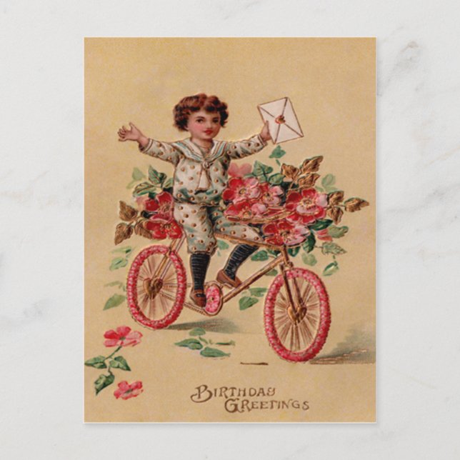 Pojke Post Rosa Blomma Cykel Födelsedag Vykort (Framsida)