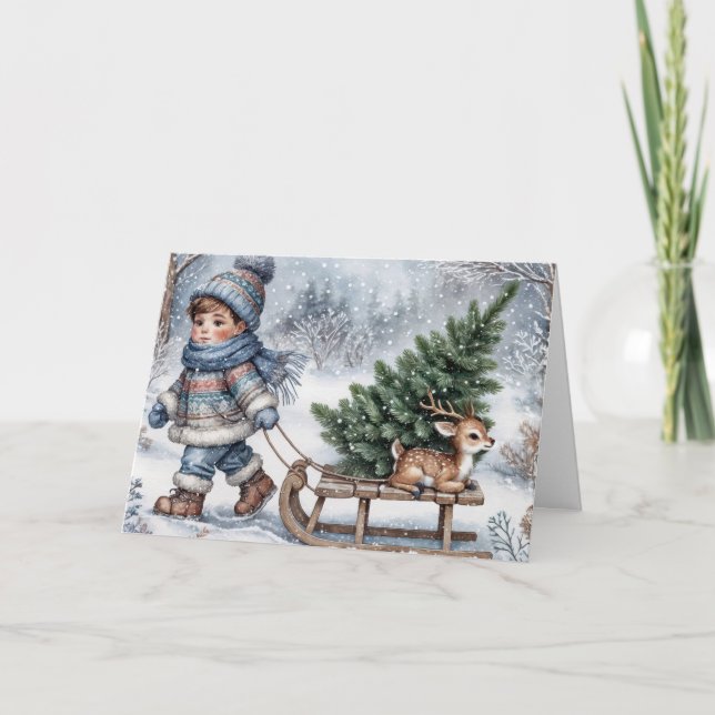 Pojke Pulling An Old----mode Sled Helgkort (Framsida)
