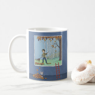 Pojke raking löv kaffe mugg