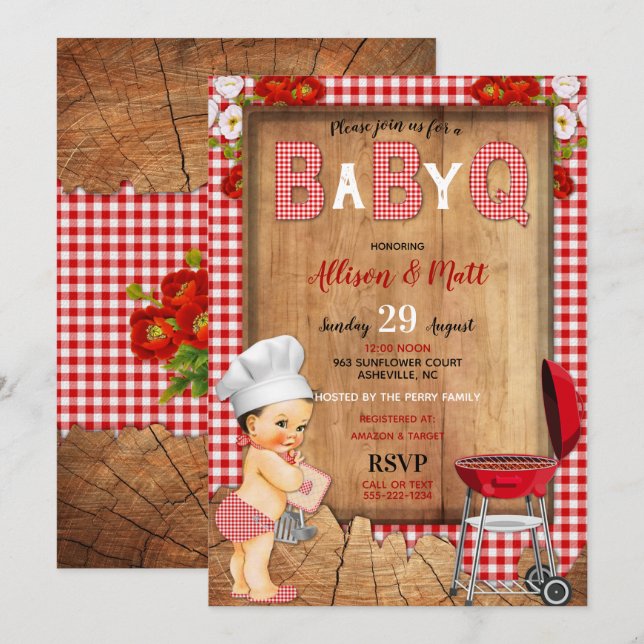 Pojke Red Gingham Wood Flowers Baby Q Barbecue Inbjudningar (Fram/baksida)