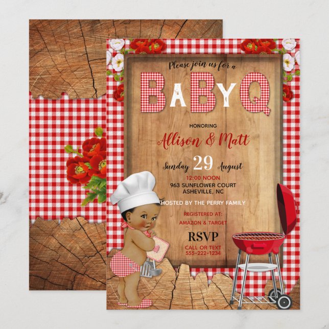 Pojke Red Gingham Wood Flowers Baby Q Barbecue Inbjudningar (Fram/baksida)