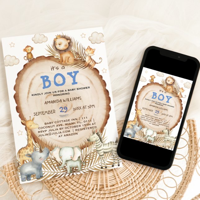 Pojke Rustik Boho Safari Djur Babyfirande Inbjudningar (Skapare uppladdad)