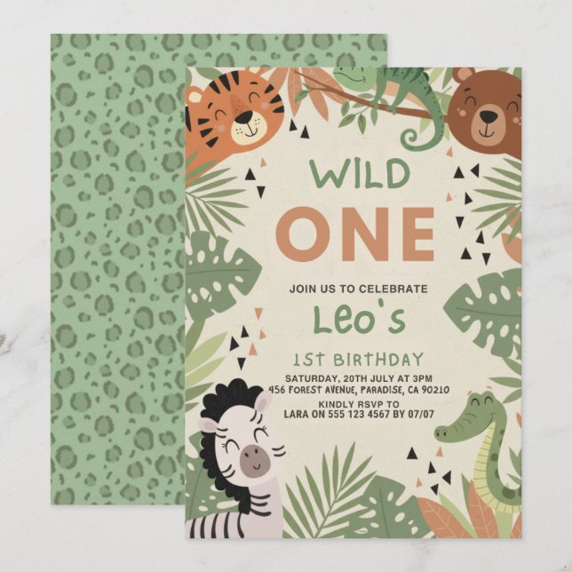 Pojke Rustik Safari Grönska Vild En 1-årsdag Jag Inbjudningar (Fram/baksida)