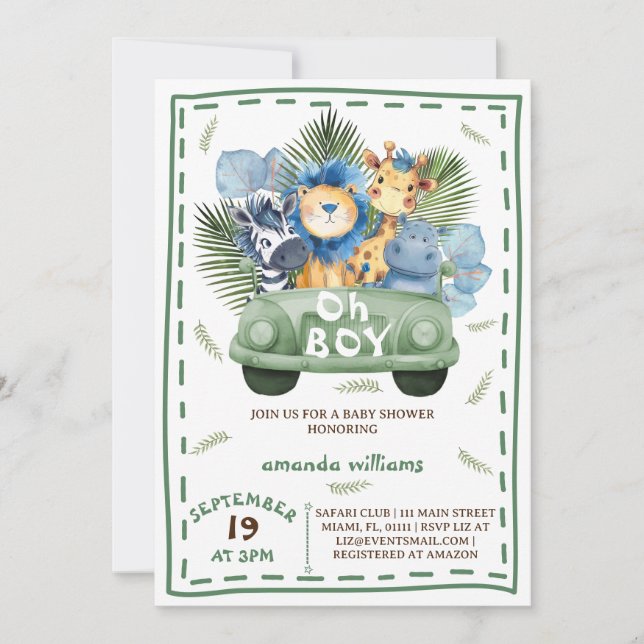 Pojke Safari Bil baby shower Inbjudningar (Framsida)