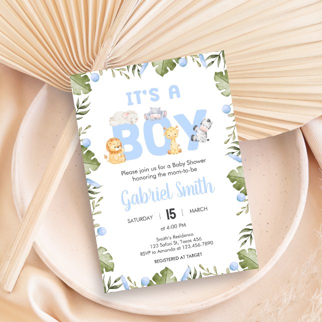 Pojke Safari Djur Baby Shower  Inbjudningar (Safari Jungle Animals Baby Shower Invitation)